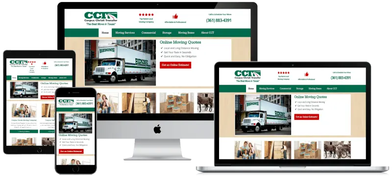 A moving-company website built by Basin Hosting, shown on desktop, laptop, tablet, and phone