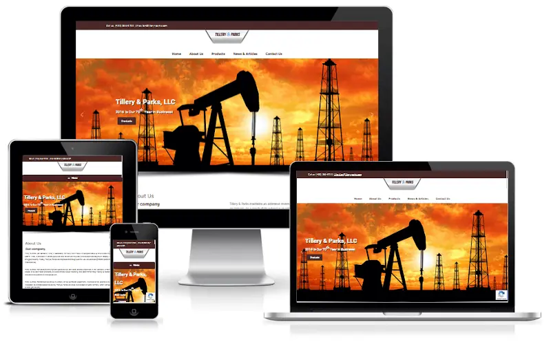 An oilfield service company website built by Basin Hosting, shown on desktop, laptop, tablet, and phone