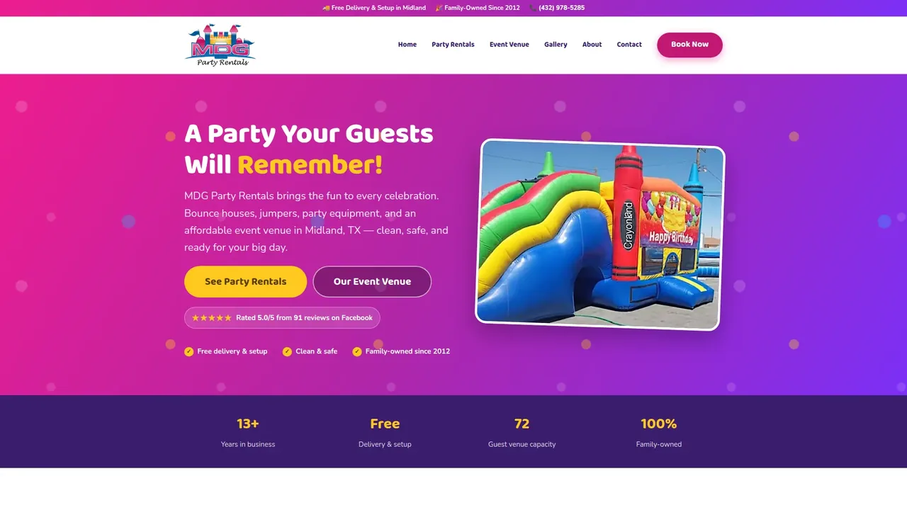 MDG Party Rentals website built by Basin Hosting