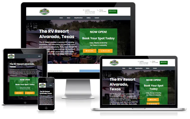 An RV park and resort website built by Basin Hosting, shown on desktop, laptop, tablet, and phone